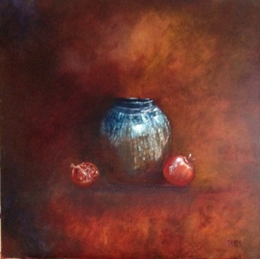 Malerei mit dem Titel "Grenades et vase" von Raymonde Etcharry, Original-Kunstwerk, Öl