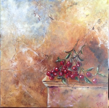 Painting titled "Cerises sur faux ma…" by Raymonde Etcharry, Original Artwork, Oil