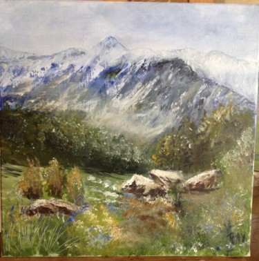 Painting titled "Montagne et rochers" by Raymonde Etcharry, Original Artwork, Oil