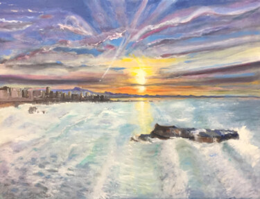 Painting titled "Coucher de soleil v…" by Raymond Actis-Datta, Original Artwork, Oil Mounted on Wood Stretcher frame