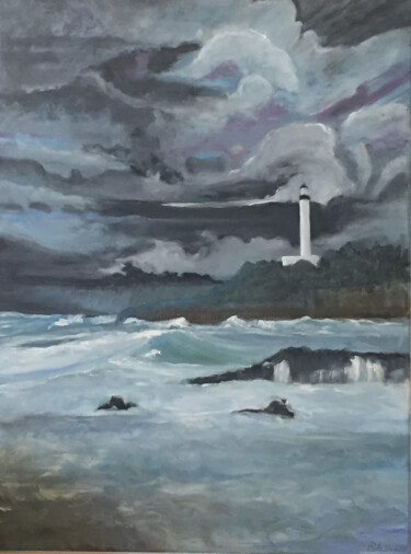 Painting titled "le Phare Biarritz" by Raymond Actis-Datta, Original Artwork, Oil Mounted on Wood Stretcher frame