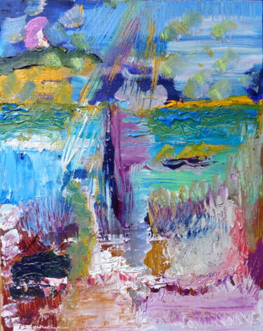Peinture intitulée "Le lac de Géronde" par Raymond Actis-Datta, Œuvre d'art originale, Huile Monté sur Autre panneau rigide