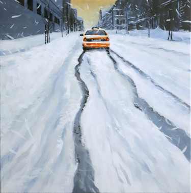 Schilderij getiteld "taxi dans la neige" door Raymond Agostini, Origineel Kunstwerk, Acryl