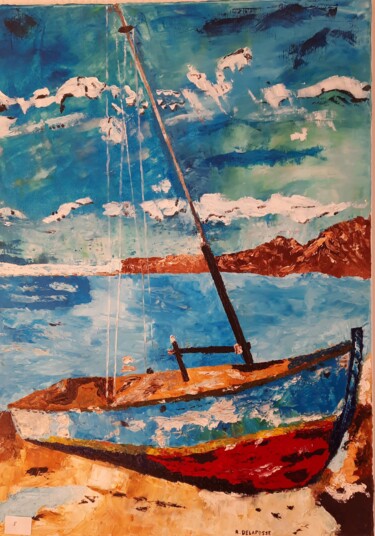 Painting titled "la barque sur la co…" by Raymond Delafosse, Original Artwork, Oil Mounted on Wood Stretcher frame
