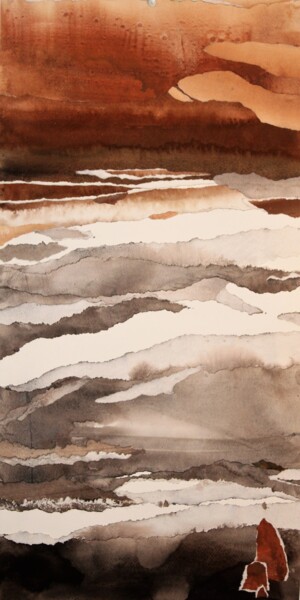 Painting titled "collines brunes" by Raymond Guibert, Original Artwork, Watercolor Mounted on Wood Panel