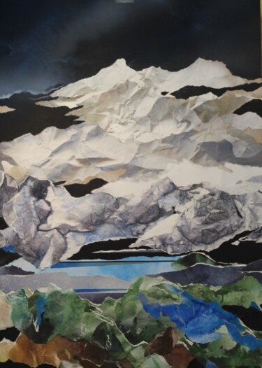 Collages titled "massif de nuit" by Raymond Guibert, Original Artwork, Watercolor Mounted on Wood Stretcher frame