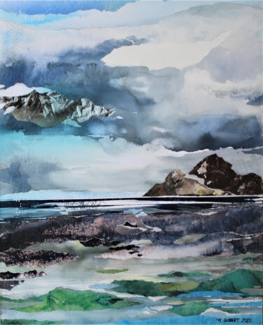 Painting titled "massifs mystères" by Raymond Guibert, Original Artwork, Watercolor Mounted on Wood Stretcher frame
