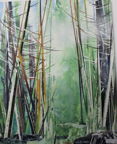 Collages titled "Clairière verte" by Raymond Guibert, Original Artwork, Collages Mounted on Wood Panel