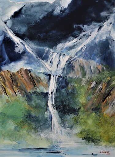Peinture intitulée "cascade 4/21" par Raymond Guibert, Œuvre d'art originale, Aquarelle Monté sur Panneau de bois