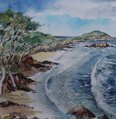 Painting titled "Les vagues, la Londe" by Raymond Guibert, Original Artwork, Watercolor Mounted on Wood Stretcher frame