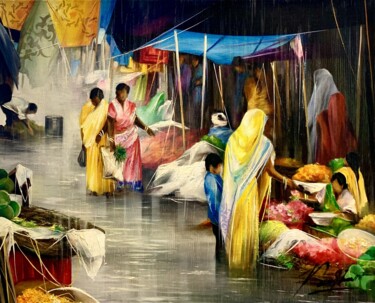 Malerei mit dem Titel "Mousson market" von Raymond Poulet, Original-Kunstwerk, Öl