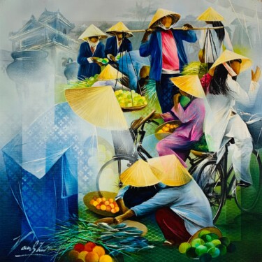 Painting titled "Bao Loc market" by Raymond Poulet, Original Artwork, Oil