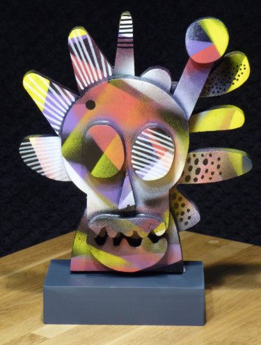 Sculpture intitulée "Tiny Sunny Skull" par Thierry Corpet (Raymond X), Œuvre d'art originale, Bois