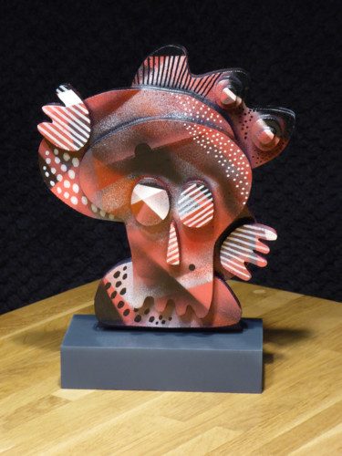 Sculpture intitulée "Tiny Red Skull" par Thierry Corpet (Raymond X), Œuvre d'art originale, Bois