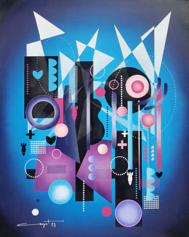 Malerei mit dem Titel "Love And Rocket" von Thierry Corpet (Raymond X), Original-Kunstwerk, Sprühfarbe Auf Keilrahmen aus Ho…