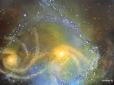 Painting titled "Galaxias en Colision" by Raymundo Garza, Original Artwork, Oil