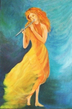 Painting titled "Flutist" by Rayray, Original Artwork, Oil