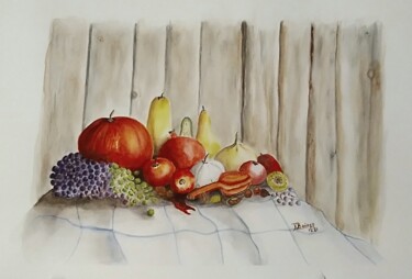 Painting titled "Potirons, fruits d'…" by Roberte Buirey, Original Artwork, Watercolor Mounted on Cardboard