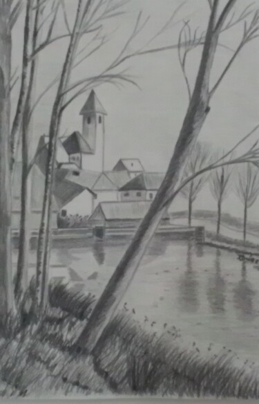 Drawing titled "Le bord du canal" by Roberte Buirey, Original Artwork, Pencil