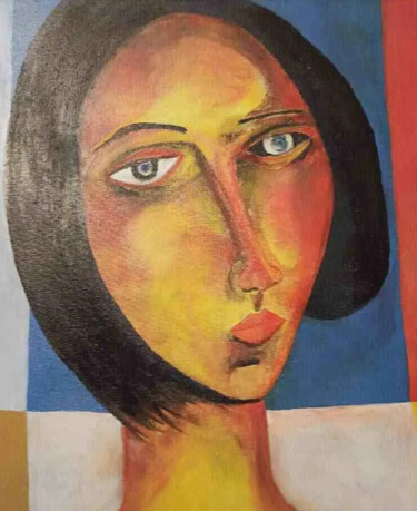 Painting titled "Mujer de Cuello Lar…" by Rigoberto Reyes, Original Artwork, Acrylic Mounted on Wood Stretcher frame