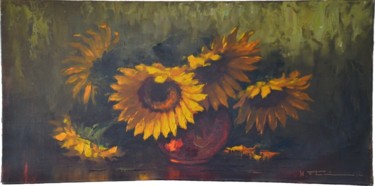 Painting titled "Sonnenblumen in Vas…" by Rolf Burkert, Original Artwork, Oil Mounted on Wood Stretcher frame