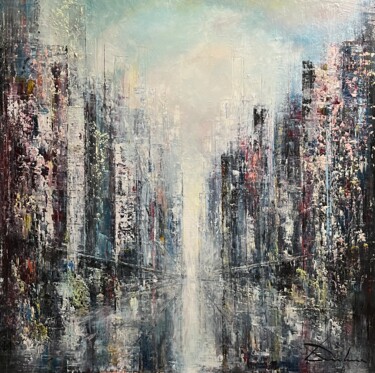 Schilderij getiteld "GOTHAM" door Richard Dubure, Origineel Kunstwerk, Olie Gemonteerd op Frame voor houten brancard