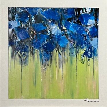 Painting titled "FLEURS BLEUES" by Richard Dubure, Original Artwork, Oil Mounted on Wood Stretcher frame