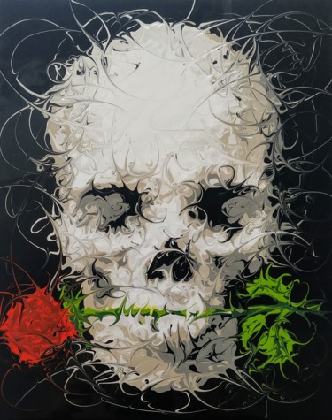Painting titled "Skull Rose" by Reba, Original Artwork, Acrylic Mounted on Wood Stretcher frame