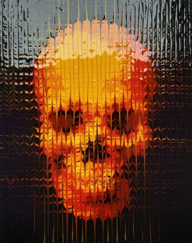 Painting titled "Skull Fire" by Reba, Original Artwork, Acrylic Mounted on Wood Stretcher frame