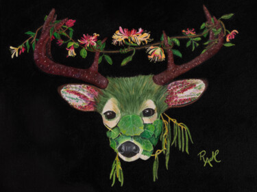Painting titled "Red Deer" by Rebecca Allan (R.A.Holland Art), Original Artwork, Oil Mounted on Wood Stretcher frame