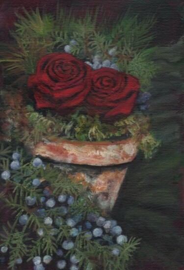 Painting titled "Roses in old pot" by Rebecca Both, Original Artwork, Other