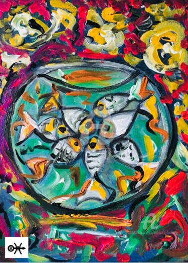 Painting titled "Kissing Fish" by Rebecca Hirtes, Original Artwork, Acrylic
