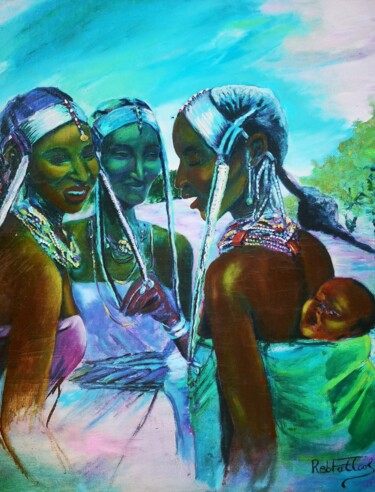 Painting titled "Causerie        PLU…" by Rebecca Kouassi, Original Artwork, Oil