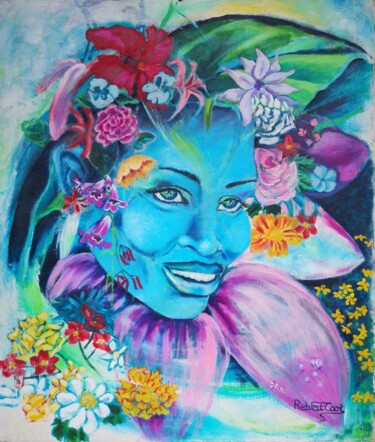 Painting titled "Femme fleur" by Rebecca Kouassi, Original Artwork, Oil