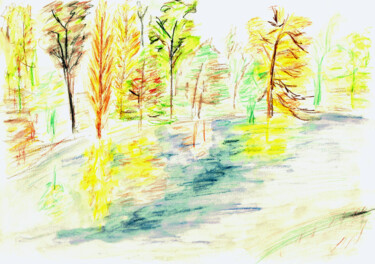 Tekening getiteld "Automne sur le lac" door Rebecca Behar, Origineel Kunstwerk, Pastel