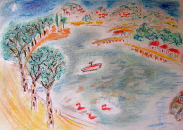 Рисунок под названием "Vue du lac" - Rebecca Behar, Подлинное произведение искусства, Пастель