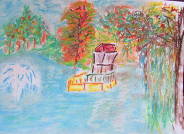 Dessin intitulée "Kiosque sur le lac" par Rebecca Behar, Œuvre d'art originale, Pastel