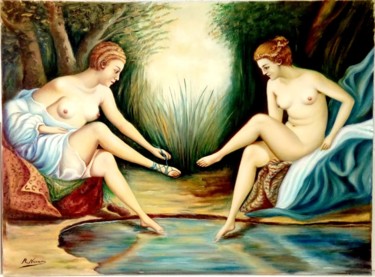 Peinture intitulée "Mujeres tomando el…" par R. Navarro, Œuvre d'art originale, Huile