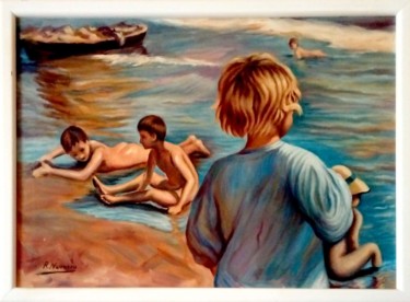 Peinture intitulée "Niños en la playa" par R. Navarro, Œuvre d'art originale, Huile