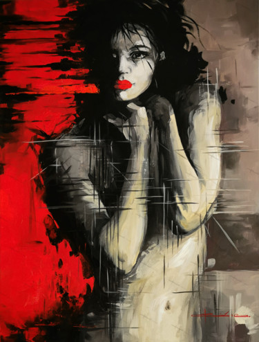 Картина под названием "Lady in red" - Marian Jesień, Подлинное произведение искусства, Акрил