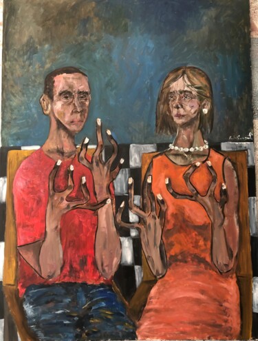 Painting titled "Us" by Reda Kanzaoui, Original Artwork, Oil Mounted on Wood Stretcher frame