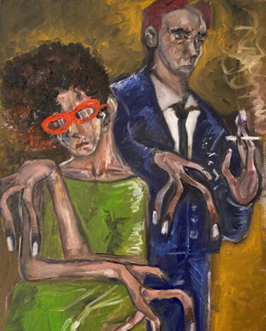 Schilderij getiteld "Couple" door Reda Kanzaoui, Origineel Kunstwerk, Olie Gemonteerd op Frame voor houten brancard