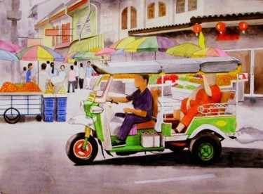 Peinture intitulée "Yaowarat street.(Ch…" par Toshiyuki Suzuki, Œuvre d'art originale, Aquarelle