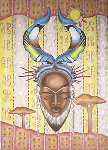 Peinture intitulée "Masque aux cornes t…" par Benidiri Redha, Œuvre d'art originale