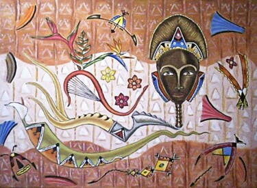 Peinture intitulée "Masque avec fleurs…" par Benidiri Redha, Œuvre d'art originale