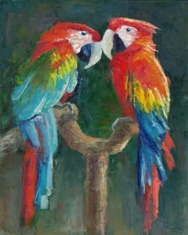 Ζωγραφική με τίτλο "Parrots. Oil painti…" από Katerina Zhuchenko (RedHeadKat), Αυθεντικά έργα τέχνης, Λάδι
