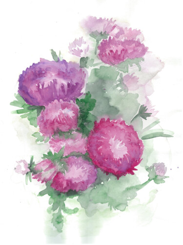 Dibujo titulada "Asters" por Katerina Zhuchenko (RedHeadKat), Obra de arte original, Acuarela