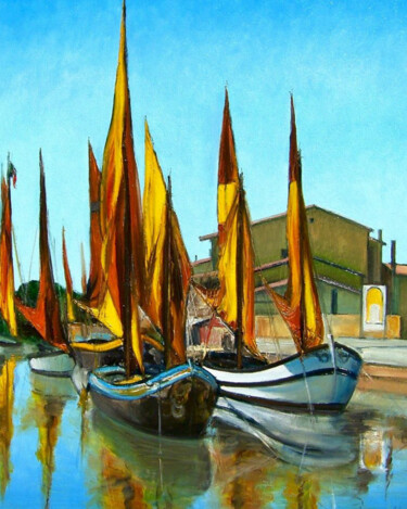 Painting titled "BARCHE A CESENATICO" by Redi Casarsa, Original Artwork, Oil Mounted on Wood Panel