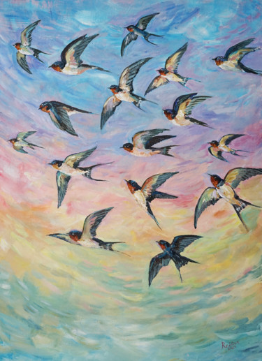Peinture intitulée "Barn swallows" par Redilion, Œuvre d'art originale, Acrylique