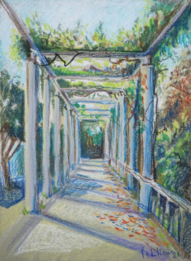 Pergola with Wisteria Original Oil Pastel Painting Peinture intitulée "Pergola with Wister…" par Redilion, Œuvre d'art originale, Pastel